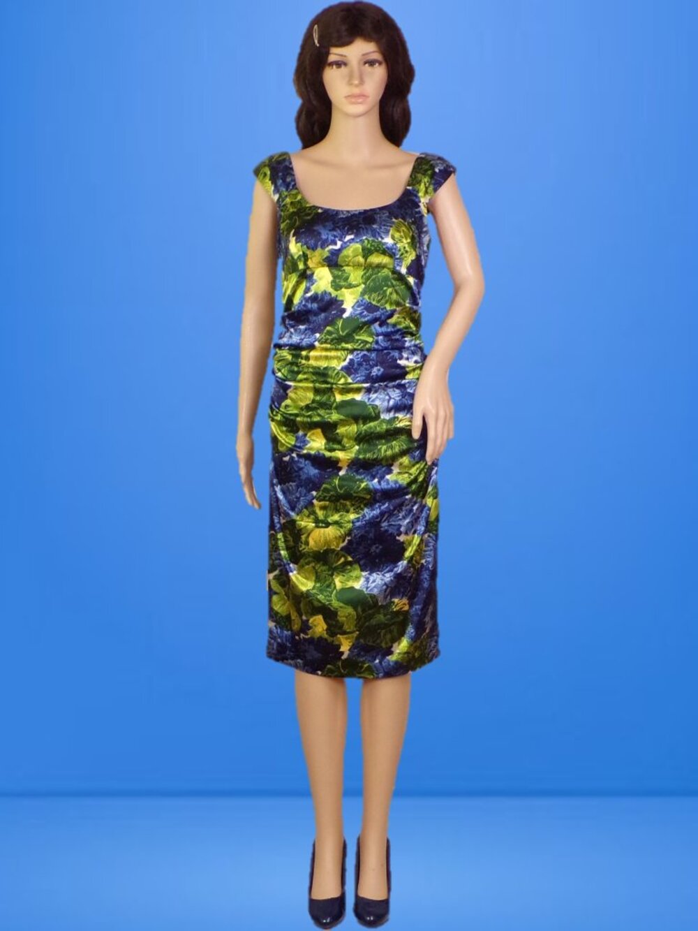 LONDON TIMES PETITES 4P blue/green/white floral satin sleeveless sheath dress